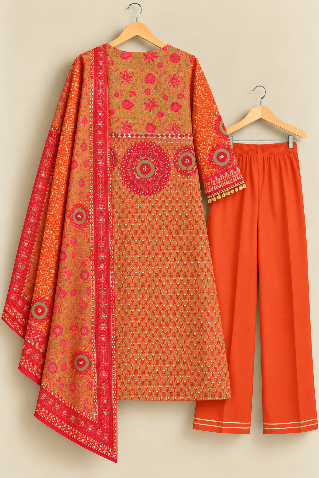 Gulnaar Terracota Rust Zari & Coin Work Crepe Suit Set with Chiffon Dupatta