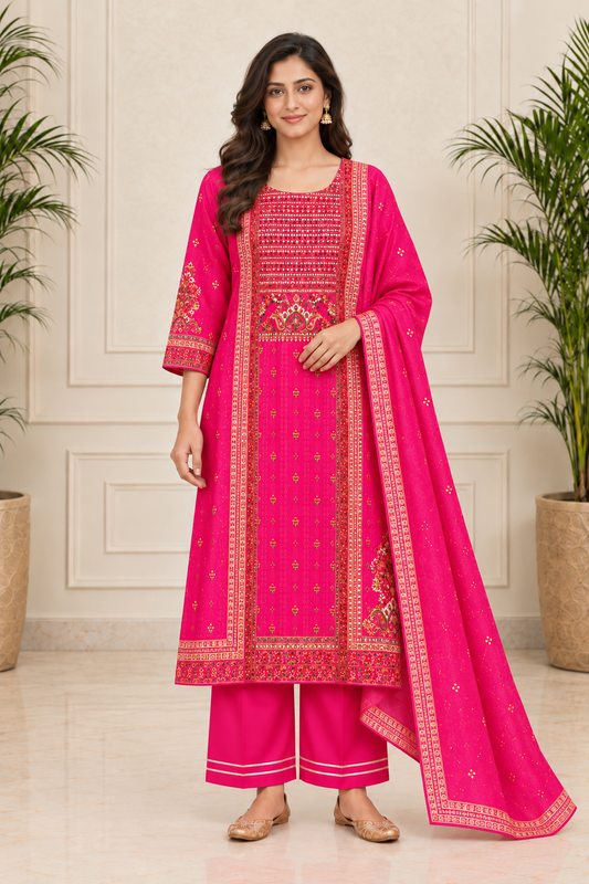 Gulnaar Magenta Zari & Moti Work Crepe Suit Set with Chiffon Dupatta