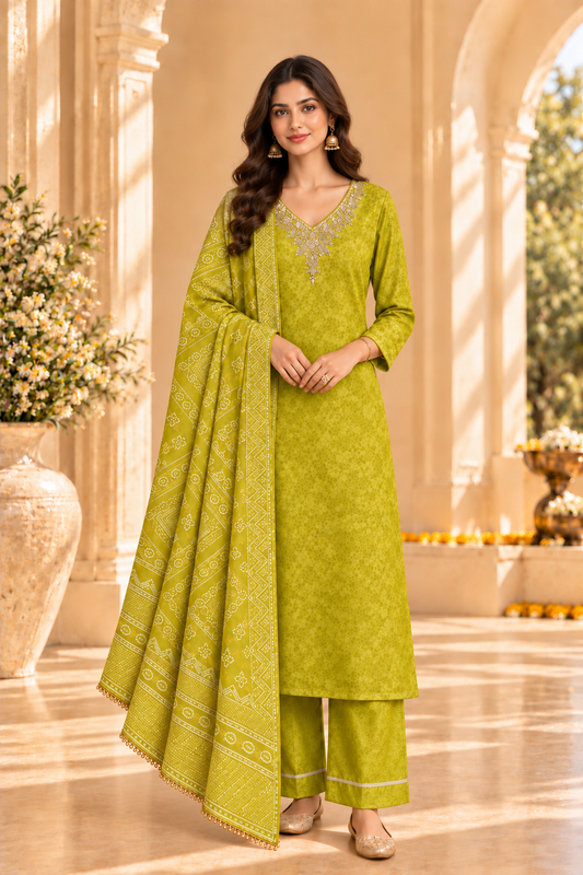 Jashn Olive Green Brocade Zari & Sequins Work Tissue Suit Set