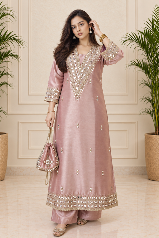 Adaa Onion Pink Zari & Mirror Work Tissue Kurta Set with Potli Bag
