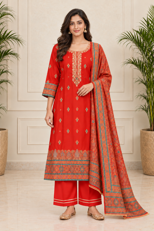 Jashn Vermilion Orange Zari & Sequins Work Silk Jacquard Suit Set