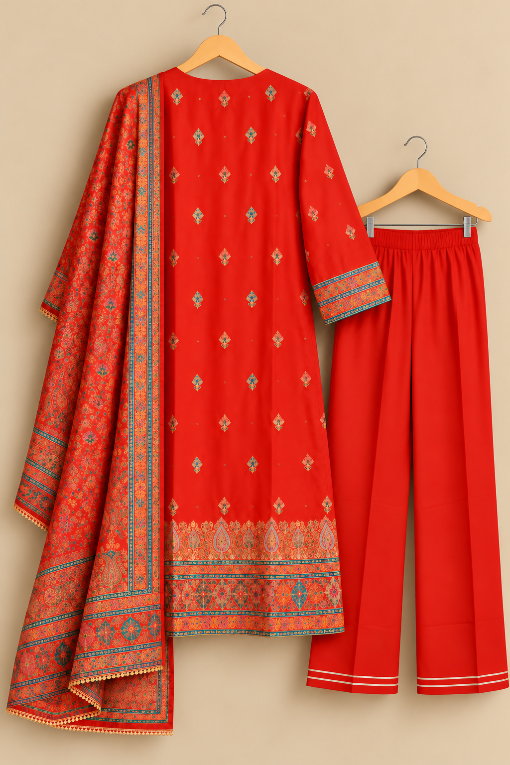 Jashn Vermilion Orange Zari & Sequins Work Silk Jacquard Suit Set