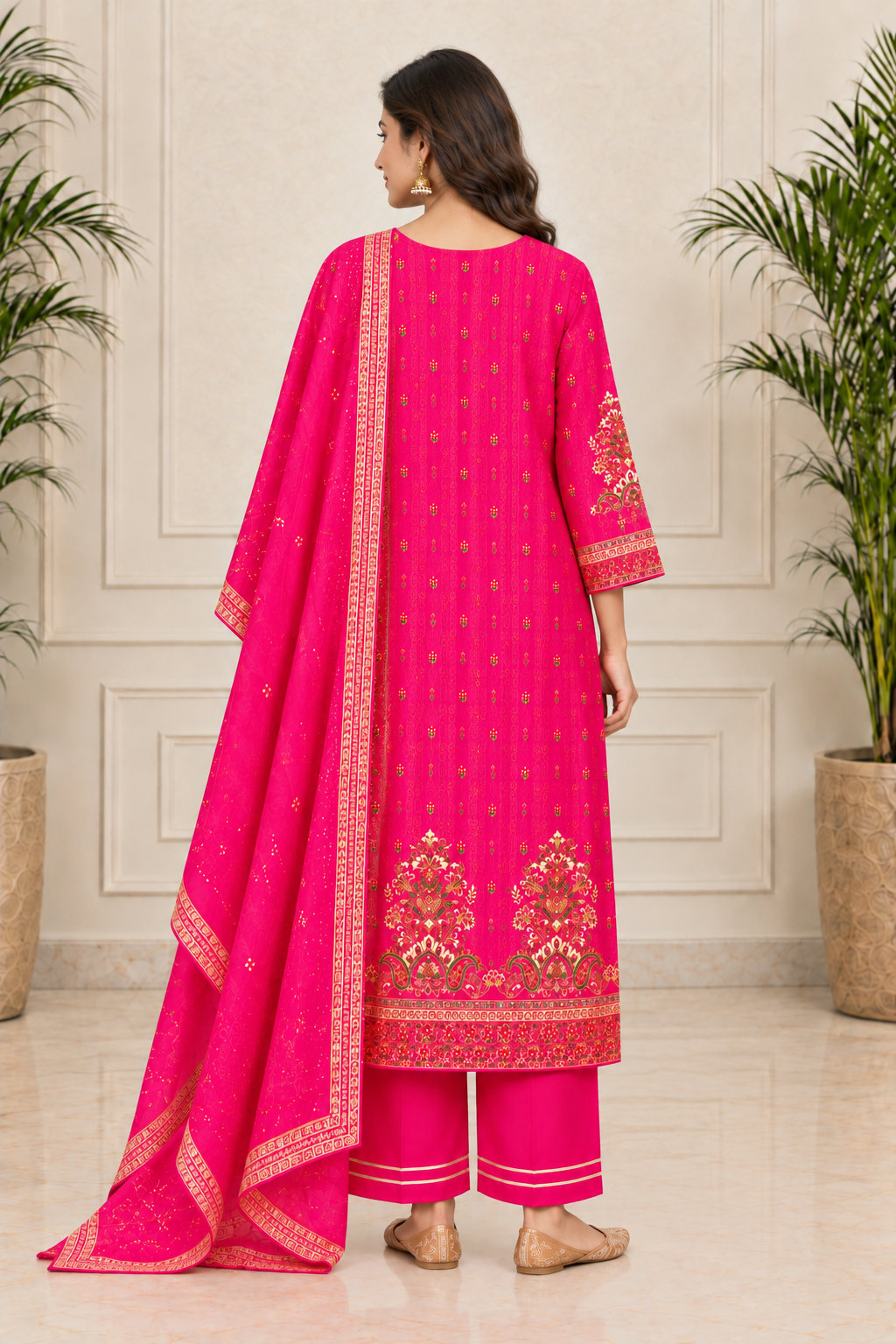 Gulnaar Magenta Zari & Moti Work Crepe Suit Set with Chiffon Dupatta