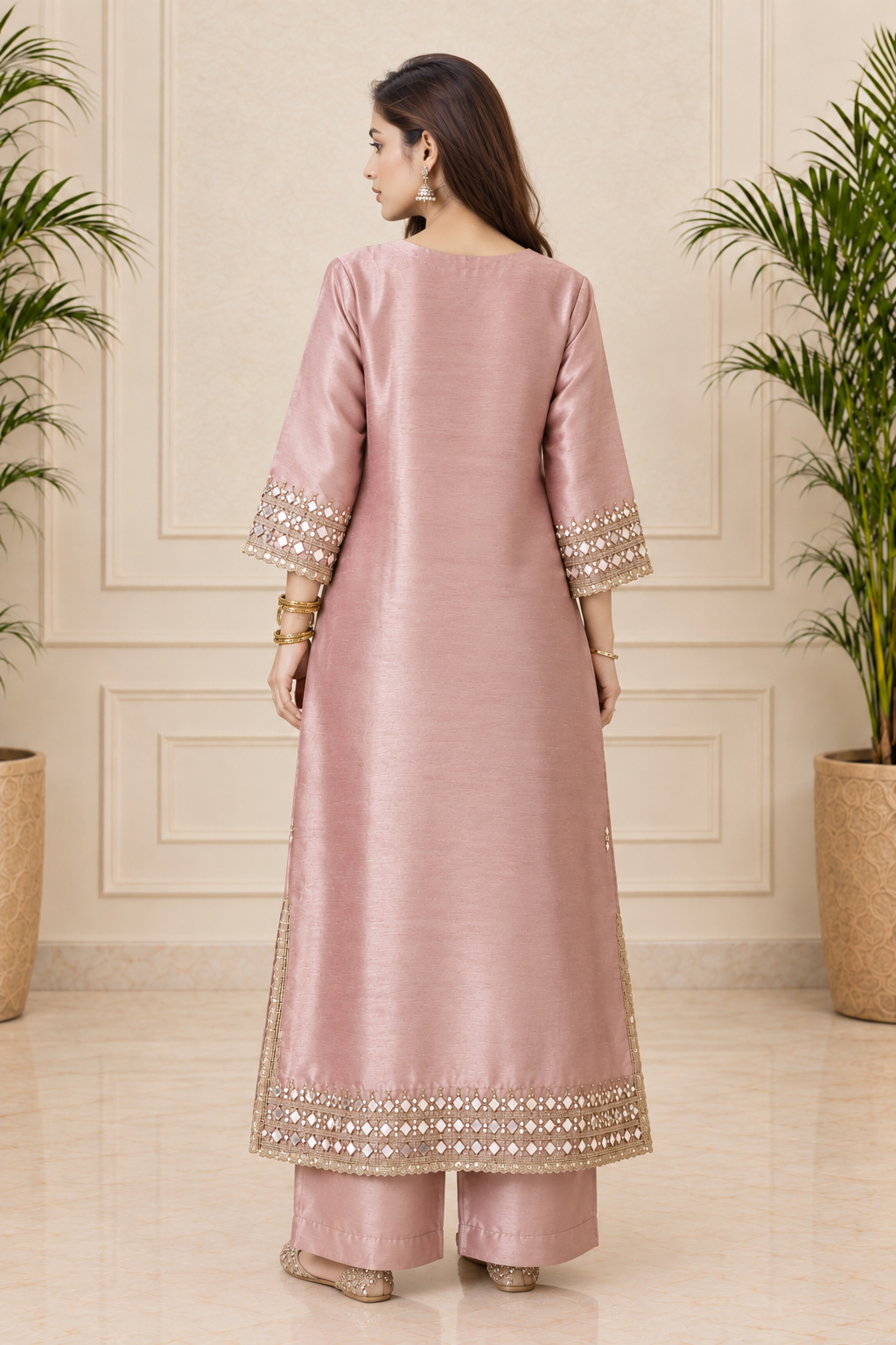 Adaa Onion Pink Zari & Mirror Work Tissue Kurta Set with Potli Bag