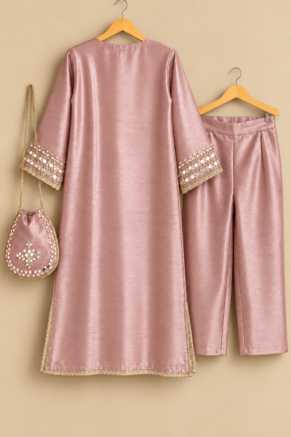 Adaa Onion Pink Zari & Mirror Work Tissue Kurta Set with Potli Bag
