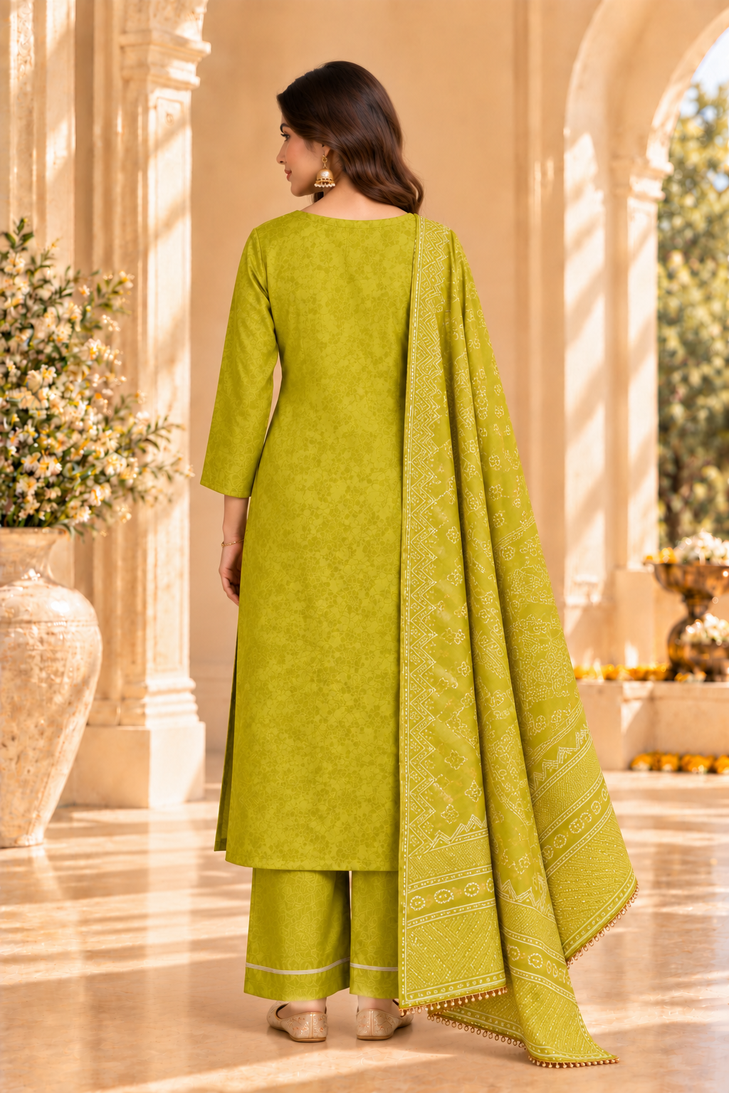 Jashn Olive Green Brocade Zari & Sequins Work Tissue Suit Set