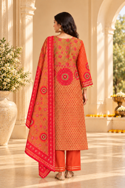Gulnaar Terracota Rust Zari & Coin Work Crepe Suit Set with Chiffon Dupatta