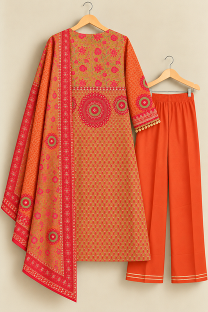 Gulnaar Terracota Rust Zari & Coin Work Crepe Suit Set with Chiffon Dupatta
