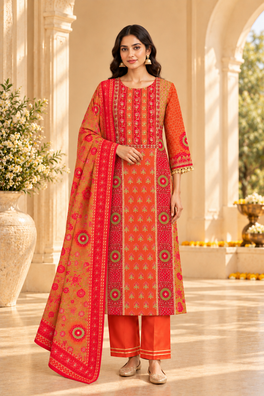 Gulnaar Terracota Rust Zari & Coin Work Crepe Suit Set with Chiffon Dupatta