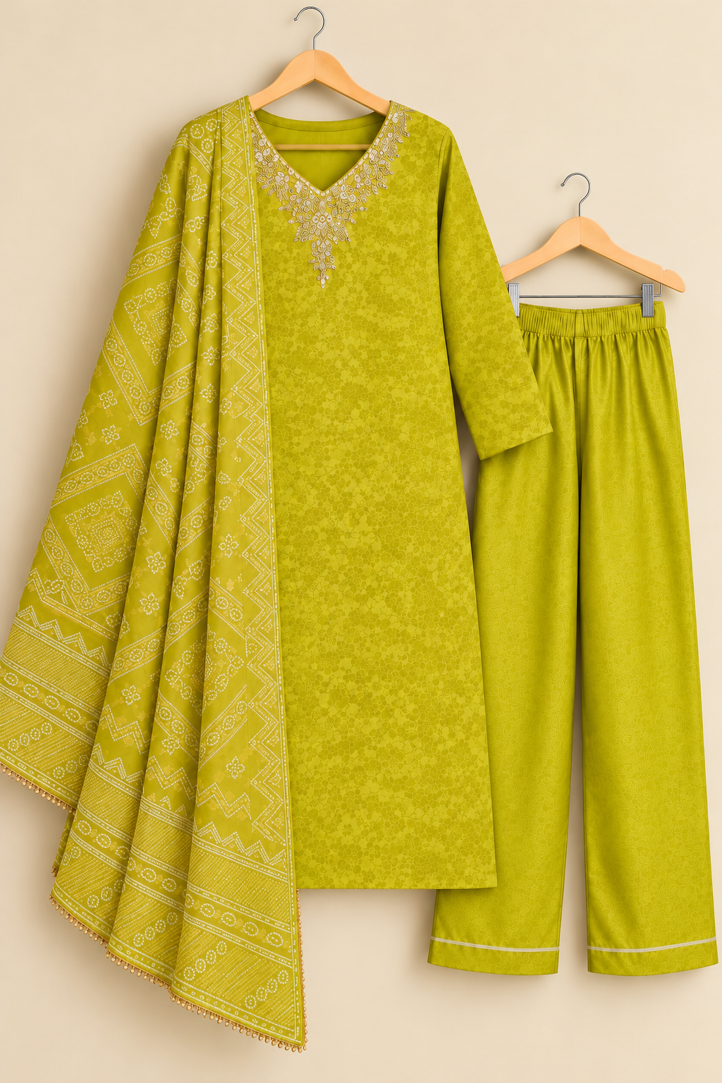 Jashn Olive Green Brocade Zari & Sequins Work Tissue Suit Set