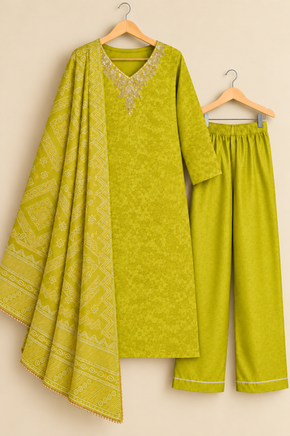 Jashn Olive Green Brocade Zari & Sequins Work Tissue Suit Set