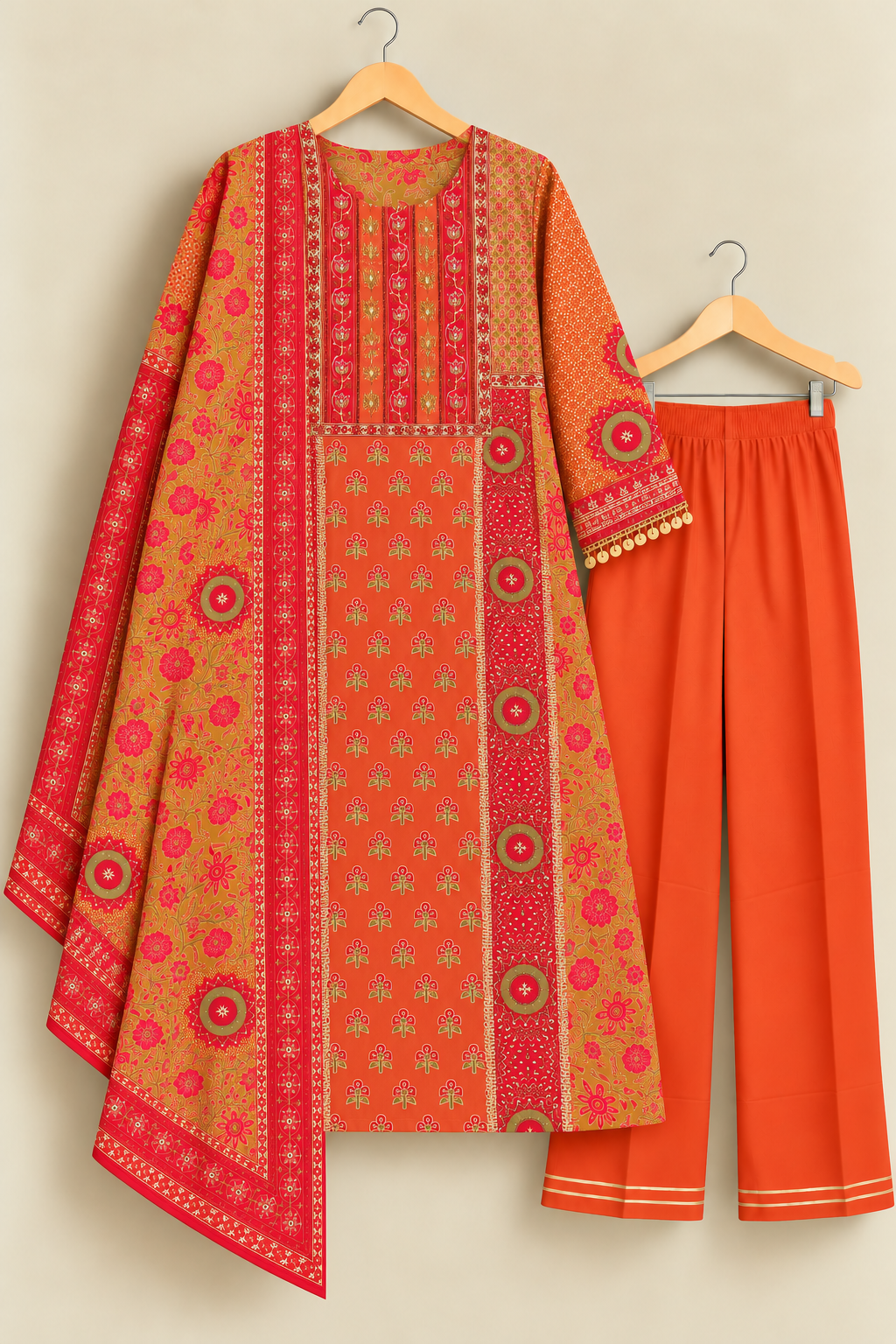 Gulnaar Terracota Rust Zari & Coin Work Crepe Suit Set with Chiffon Dupatta