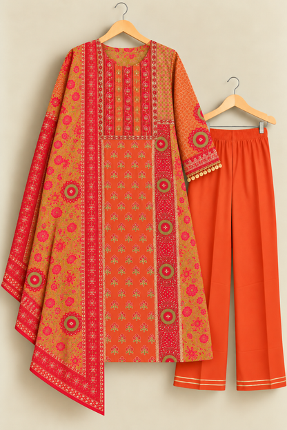 Gulnaar Terracota Rust Zari & Coin Work Crepe Suit Set with Chiffon Dupatta