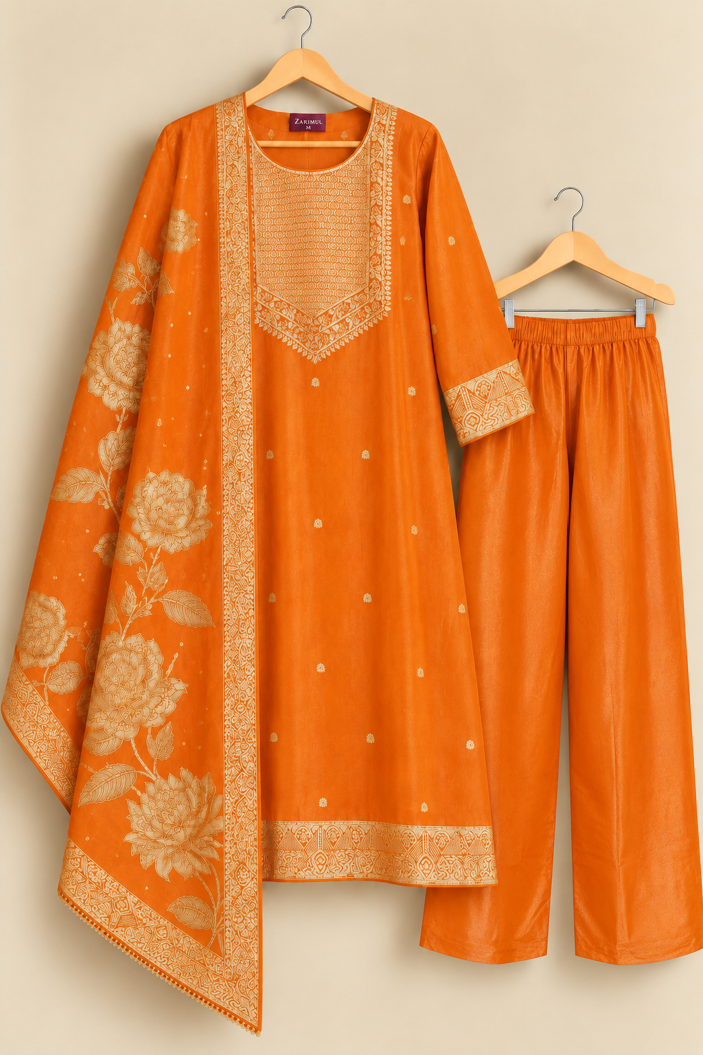 Jashn Orange Zari & Sequins Work Tissue Suit Set