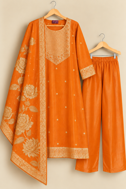 Jashn Orange Zari & Sequins Work Tissue Suit Set