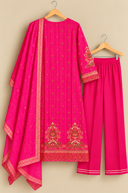 Gulnaar Magenta Zari & Moti Work Crepe Suit Set with Chiffon Dupatta