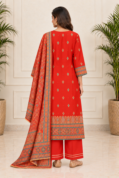 Jashn Vermilion Orange  Zari & Sequins Work Silk Jacquard Suit Set