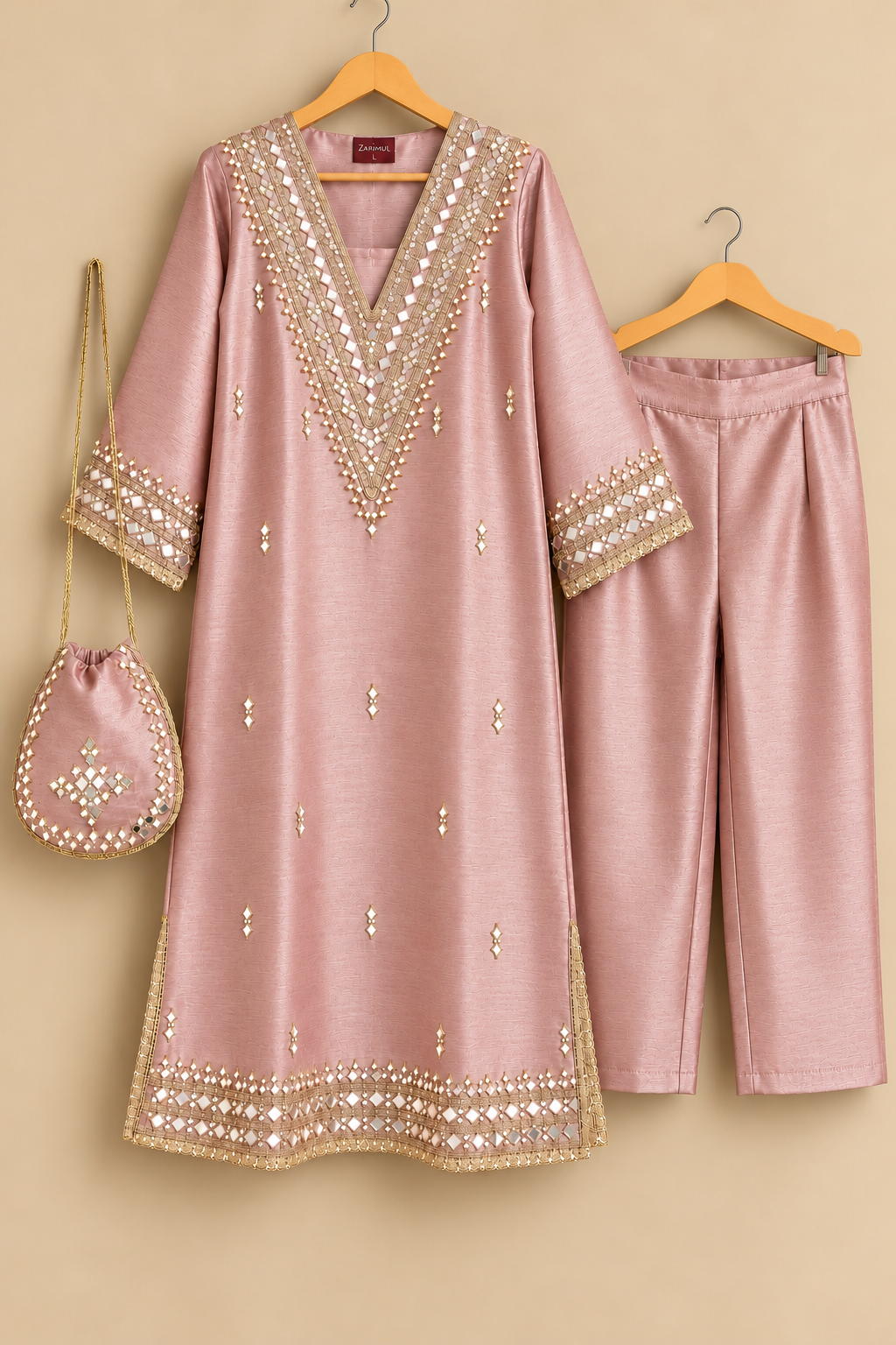 Adaa Onion Pink Zari & Mirror Work Tissue Kurta Set with Potli Bag