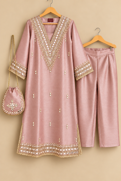 Adaa Onion Pink Zari & Mirror Work Tissue Kurta Set with Potli Bag