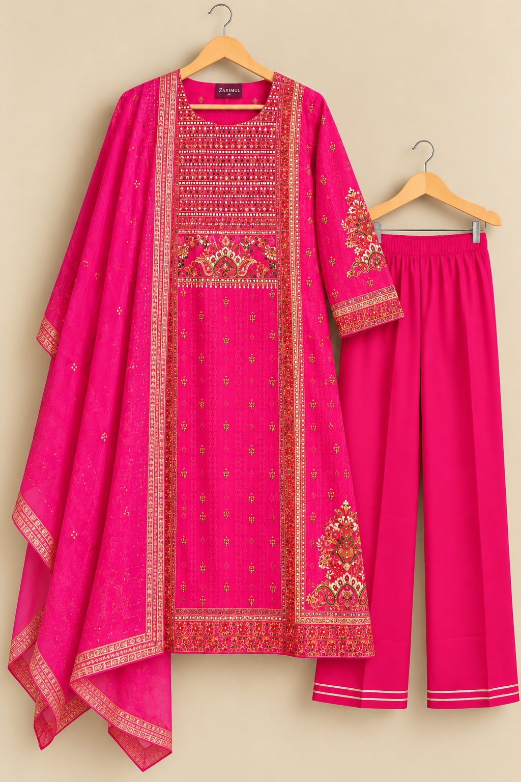 Gulnaar Magenta Zari & Moti Work Crepe Suit Set with Chiffon Dupatta