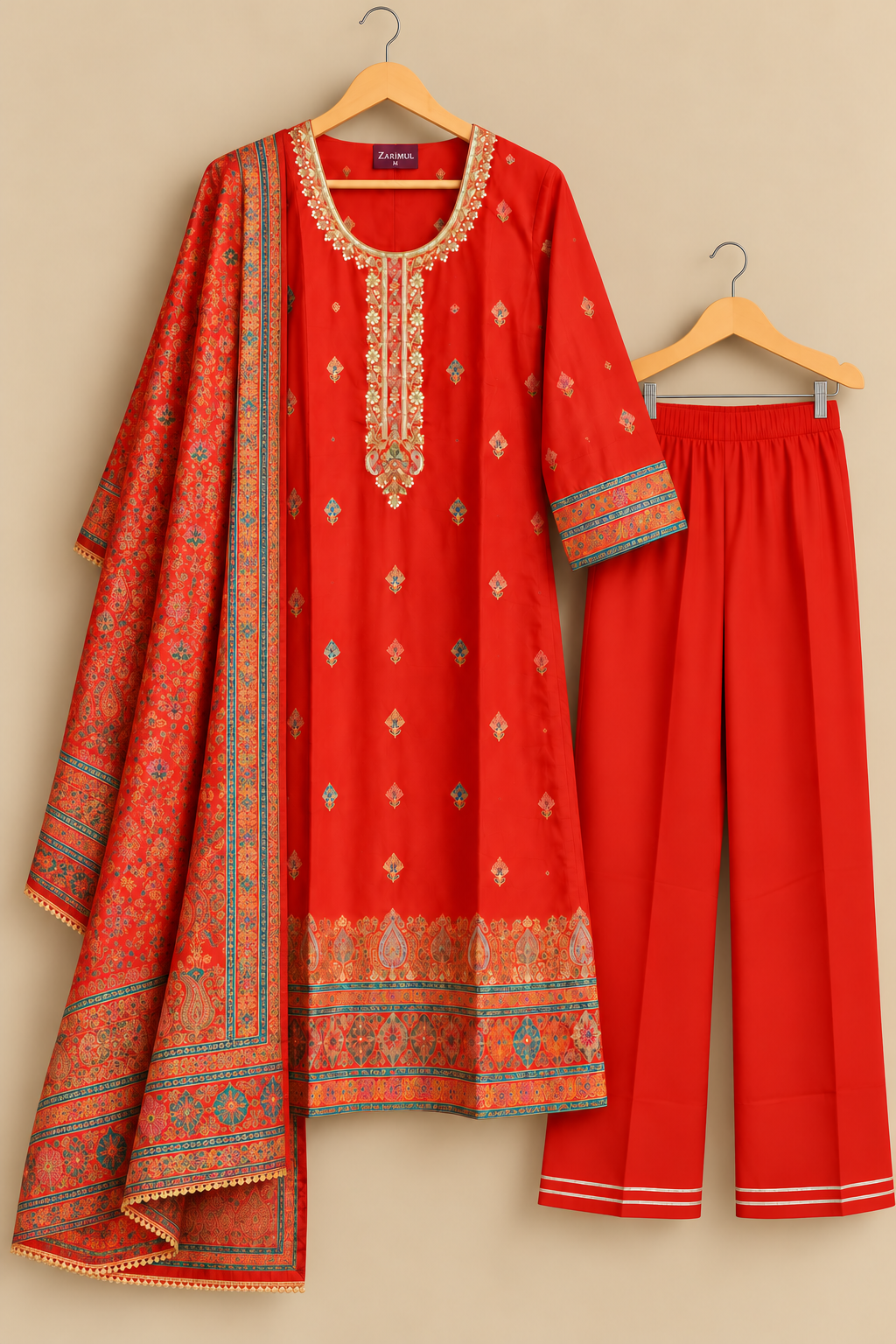 Jashn Vermilion Orange  Zari & Sequins Work Silk Jacquard Suit Set