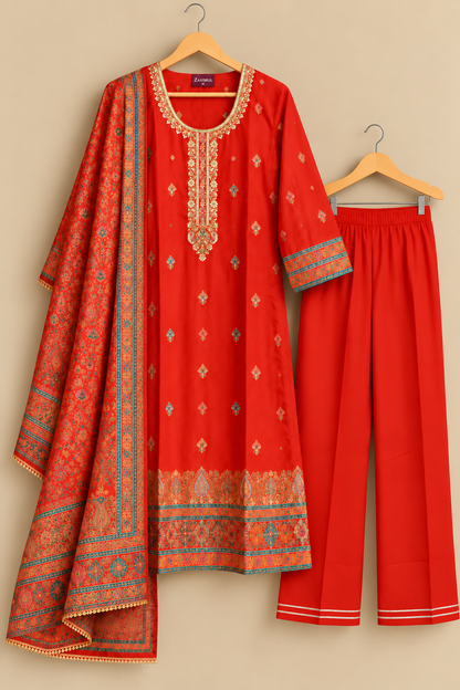 Jashn Vermilion Orange  Zari & Sequins Work Silk Jacquard Suit Set