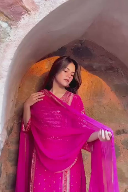 Gulnaar Magenta Zari & Moti Work Crepe Suit Set with Chiffon Dupatta