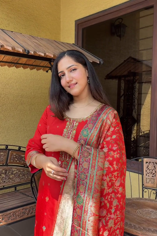 Jashn Vermilion Orange  Zari & Sequins Work Silk Jacquard Suit Set