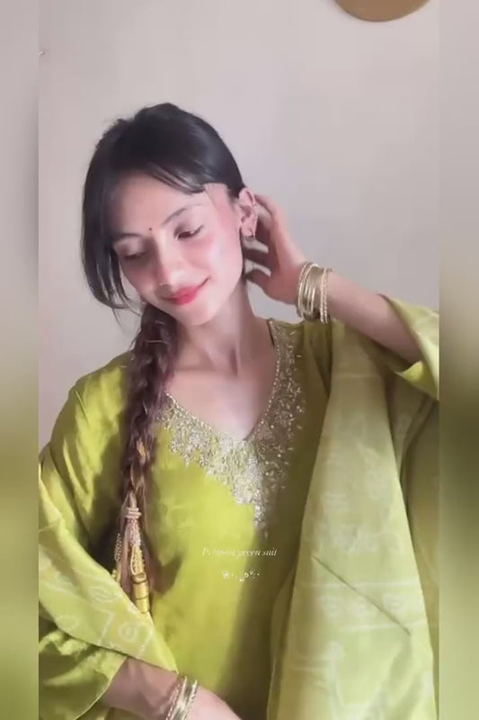 Jashn Olive Green Brocade Zari & Sequins Work Tissue Suit Set